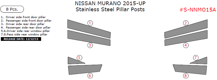 Nissan Murano 2015, 2016, 2017, Stainless Steel Pillar Posts, 8 Pcs. dash trim kits options