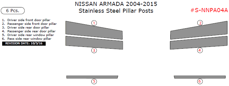 Nissan Armada 2004, 2005, 2006, 2007, 2008, 2009, 2010, 2011, 2012, 2013, 2014, 2015, Stainless Steel Pillar Posts, 6 Pcs. dash trim kits options