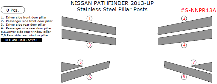 Nissan Pathfinder 2013, 2014, 2015, 2016, Stainless Steel Pillar Posts, 8 Pcs. dash trim kits options