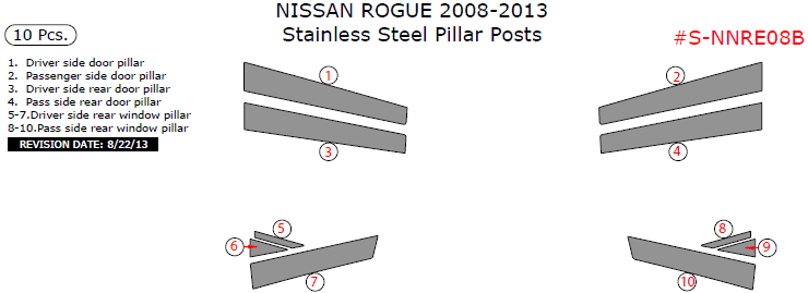 Nissan Rogue 2008, 2009, 2010, 2011, 2012, 2013, Stainless Steel Pillar Posts, 10 Pcs. dash trim kits options