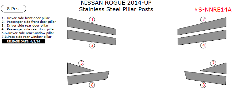 Nissan Rogue 2014, 2015, 2016, Stainless Steel Pillar Posts, 8 Pcs. dash trim kits options