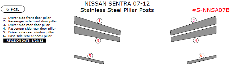 Nissan Sentra Sedan 2007, 2008, 2009, 2010, 2011, 2012, Stainless Steel Pillar Posts, 6 Pcs. dash trim kits options