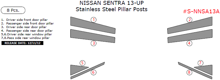 Nissan Sentra 2013, 2014, 2015, Stainless Steel Pillar Posts, 8 Pcs. dash trim kits options