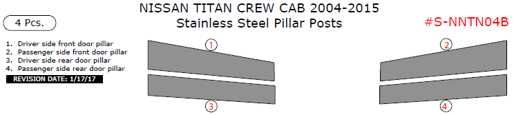 Nissan Titan Crew Cab 2004, 2005, 2006, 2007, 2008, 2009, 2010, 2011, 2012, 2013, 2014, 2015, Stainless Steel Pillar Posts, 4 Pcs. dash trim kits options