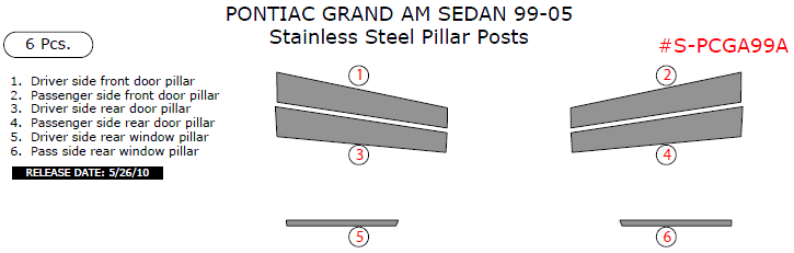 Pontiac Grand Am Sedan 1999, 2000, 2001, 2002, 2003, 2004, 2005, Stainless Steel Pillar Posts, 6 Pcs. dash trim kits options