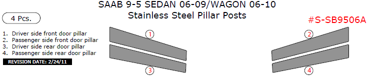 Saab 9-5 Sedan 2006, 2007, 2008, 2009/Wagon 2006, 2007, 2008, 2009, 2010, Stainless Steel Pillar Posts, 4 Pcs. dash trim kits options