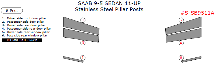 Saab 9-5 Sedan 2011, 2012, 2013, 2014, 2015, Stainless Steel Pillar Posts, 6 Pcs. dash trim kits options