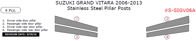 Suzuki Grand Vitara 2006, 2007, 2008, 2009, 2010, 2011, 2012, 2013, Stainless Steel Pillar Posts, 4 Pcs. dash trim kits options