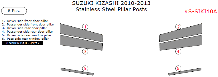 Suzuki Kizashi 2010, 2011, 2012, 2013, Stainless Steel Pillar Posts, 6 Pcs. dash trim kits options