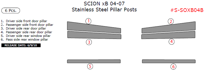 Scion XB 2004, 2005, 2006, 2007, Stainless Steel Pillar Posts, 6 Pcs. dash trim kits options