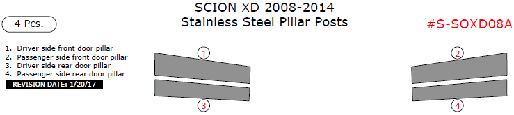 Scion XD 2008, 2009, 2010, 2011, 2012, 2013, 2014, Stainless Steel Pillar Posts, 4 Pcs. dash trim kits options