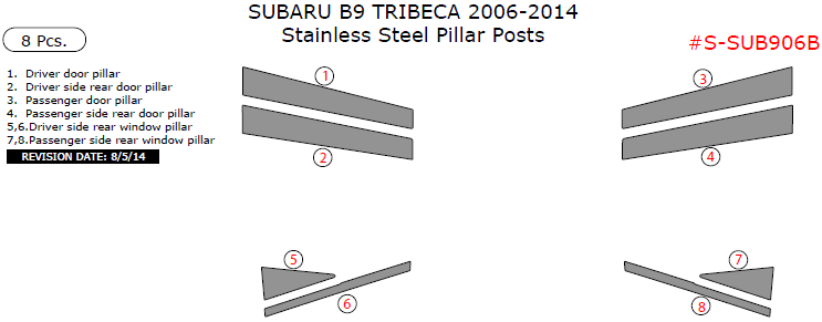 Subaru B9 Tribeca 2006, 2007, 2008, 2009, 2010, 2011, 2012, 2013, 2014, Stainless Steel Pillar Posts, 8 Pcs. dash trim kits options