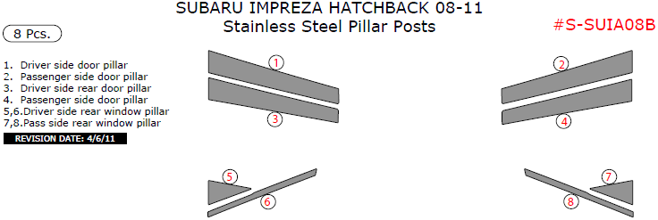 Subaru Impreza Hatchback 2008, 2009, 2010, 2011, Stainless Steel Pillar Posts, 8 Pcs. dash trim kits options