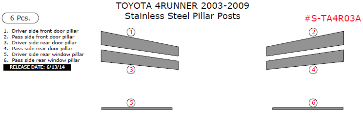 Toyota 4Runner 2003, 2004, 2005, 2006, 2007, 2008, 2009, Stainless Steel Pillar Posts, 6 Pcs. dash trim kits options