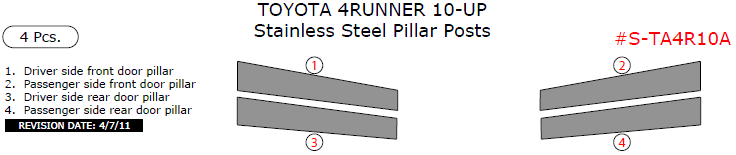 Toyota 4Runner 2010, 2011, 2012, 2013, 2014, 2015, 2016, 2017, 2018, Stainless Steel Pillar Posts, 4 Pcs. dash trim kits options