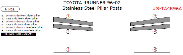 Toyota 4Runner 1996, 1997, 1998, 1999, 2000, 2001, 2002, Stainless Steel Pillar Posts, 6 Pcs. dash trim kits options
