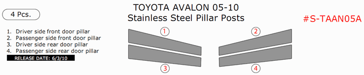 Toyota Avalon 2005, 2006, 2007, 2008, 2009, 2010, Stainless Steel Pillar Posts, 4 Pcs. dash trim kits options