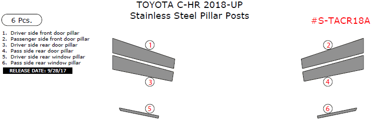 Toyota C-HR 2018-2025, Stainless Steel Pillar Posts, 6 Pcs. dash trim kits options