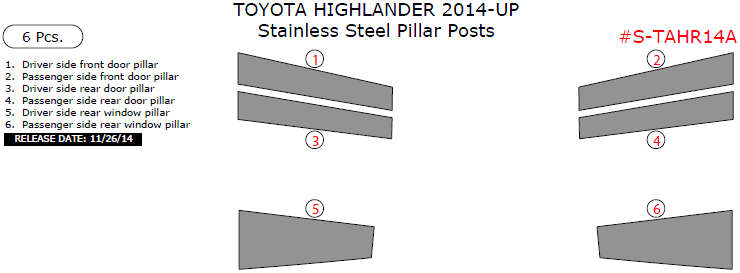 Toyota Highlander 2014, 2015, 2016, 2017, Stainless Steel Pillar Posts, 6 Pcs. dash trim kits options