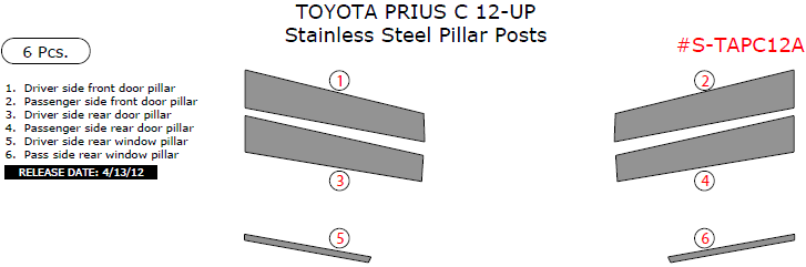 Toyota Prius C 2012, 2013, 2014, 2015, Stainless Steel Pillar Posts, 6 Pcs. dash trim kits options