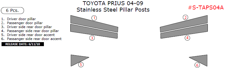Toyota Prius 2004, 2005, 2006, 2007, 2008, 2009, Stainless Steel Pillar Posts, 6 Pcs. dash trim kits options