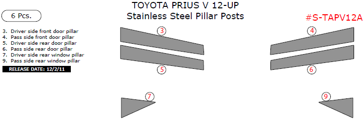 Toyota Prius V 2012, 2013, 2014, 2015, Stainless Steel Pillar Posts, 6 Pcs. dash trim kits options
