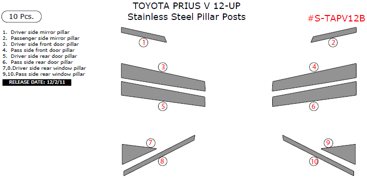 Toyota Prius V 2012, 2013, 2014, Stainless Steel Pillar Posts, 10 Pcs. dash trim kits options