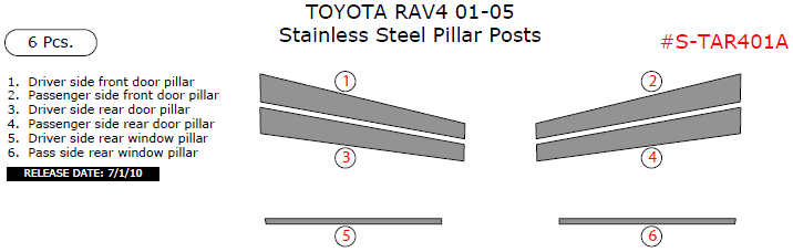 Toyota Rav4 2001, 2002, 2003, 2004, 2005, Stainless Steel Pillar Posts, 6 Pcs. dash trim kits options