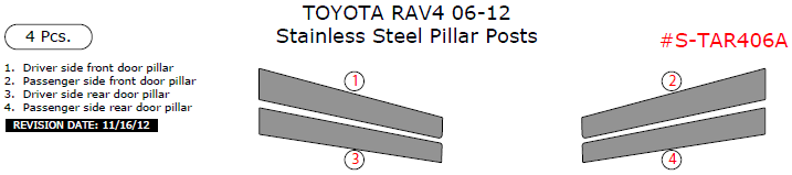 Toyota Rav4 2006, 2007, 2008, 2009, 2010, 2011, 2012, Stainless Steel Pillar Posts, 4 Pcs. dash trim kits options