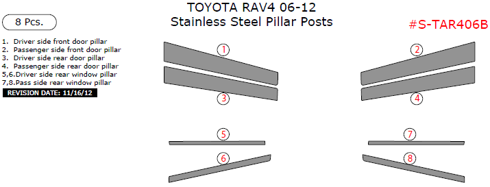 Toyota Rav4 2006, 2007, 2008, 2009, 2010, 2011, 2012, Stainless Steel Pillar Posts, 8 Pcs. dash trim kits options