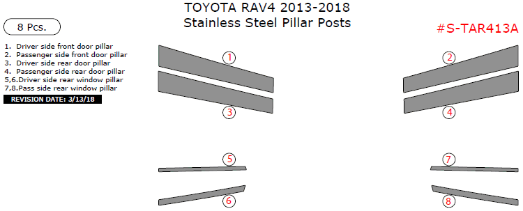 Toyota Rav4 2013, 2014, 2015, 2016, 2017, 2018, Stainless Steel Pillar Posts, 8 Pcs. dash trim kits options