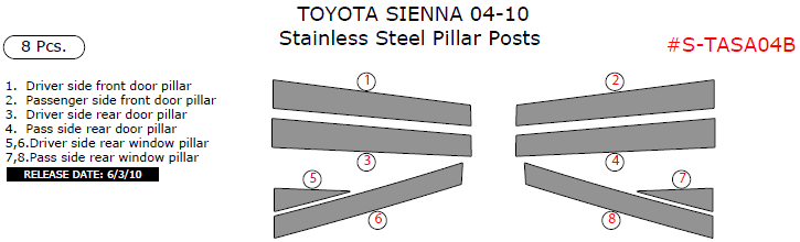 Toyota Sienna 2004, 2005, 2006, 2007, 2008, 2009, 2010, Stainless Steel Pillar Posts, 8 Pcs. dash trim kits options