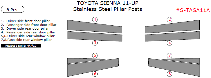 Toyota Sienna 2011, 2012, 2013, 2014, 2015, 2016, 2017, Stainless Steel Pillar Posts, 8 Pcs. dash trim kits options
