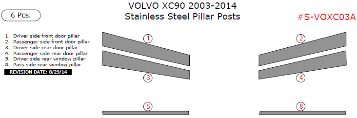 Volvo XC90 2003, 2004, 2005, 2006, 2007, 2008, 2009, 2010, 2011, 2012, 2013, 2014, Stainless Steel Pillar Posts, 6 Pcs. dash trim kits options