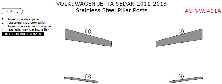 Volkswagen Jetta Sedan 2011, 2012, 2013, 2014, 2015, 2016, 2017, 2018 Stainless Steel Pillar Posts, 4 Pcs. dash trim kits options