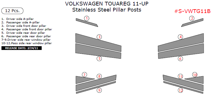 Volkswagen Touareg 2011, 2012, 2013, 2014, 2015, Stainless Steel Pillar Posts, 12 Pcs. dash trim kits options