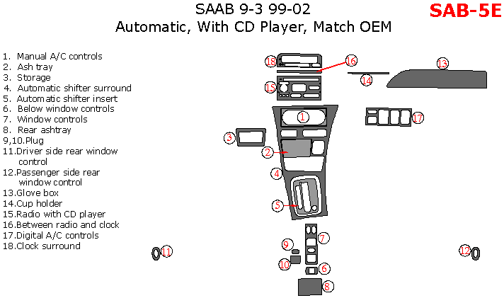 Saab 9-3 1999, 2000, 2001, 2002, Interior Dash Kit, Automatic, With CD Player, OEM Match, 18 Pcs. dash trim kits options