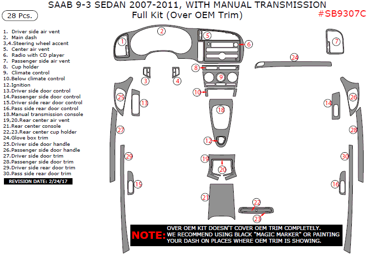 Saab 9-3 Sedan 2007, 2008, 2009, 2010, 2011, Interior Dash Kit, With Manual Transmission, Full Kit (Over OEM Trim), 28 Pcs. dash trim kits options