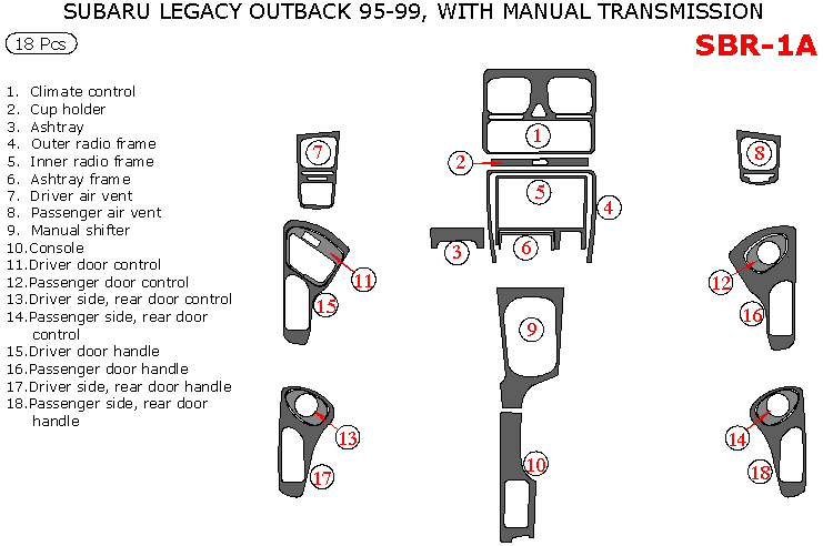 Subaru Legacy 1995, 1996, 1997, 1998, 1999, Subaru Outback 1995, 1996, 1997, 1998, 1999, Interior Dash Kit, Manual, 18 Pcs. dash trim kits options