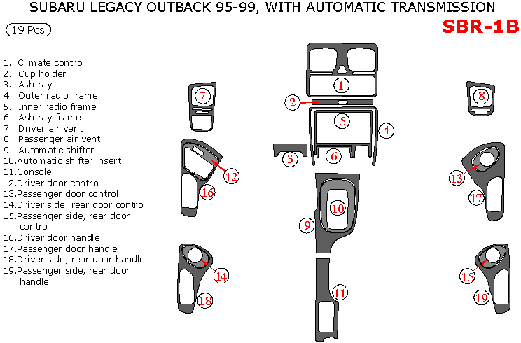 Subaru Legacy 1995, 1996, 1997, 1998, 1999, Subaru Outback 1995-1999, Interior Dash Kit, Automatic, 19 Pcs. dash trim kits options
