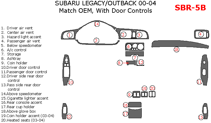 Subaru Legacy/Outback 2000, 2001, 2002, 2003, 2004, Interior Dash Kit, With Door Controls, 20 Pcs., Match OEM dash trim kits options