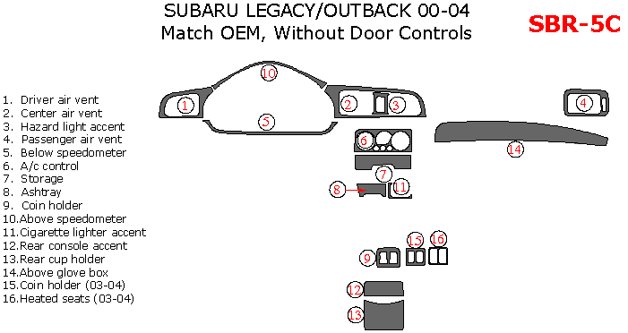 Subaru Legacy/Outback 2000, 2001, 2002, 2003, 2004, Interior Dash Kit, Without Door Controls, 16 Pcs., Match OEM dash trim kits options