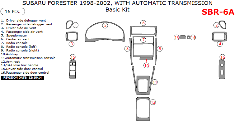 Subaru Forester 1998, 1999, 2000, 2001, 2002, With Automatic Transmission, Basic Interior Kit, 16 Pcs. dash trim kits options
