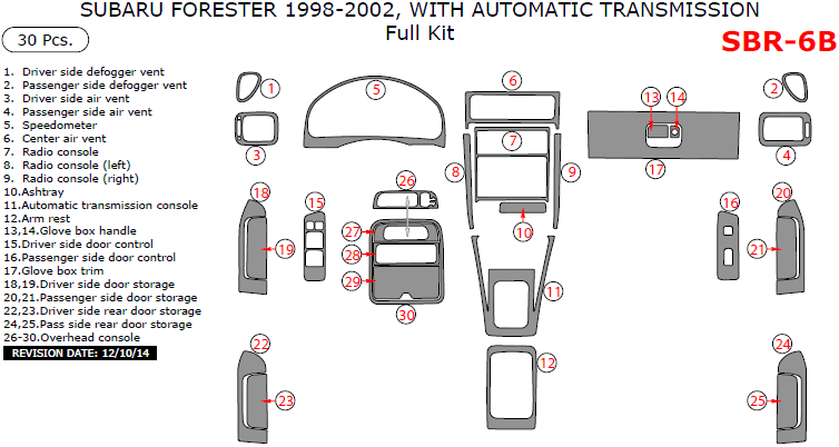 Subaru Forester 1998, 1999, 2000, 2001, 2002, With Automatic Transmission, Full Interior Kit, 30 Pcs. dash trim kits options