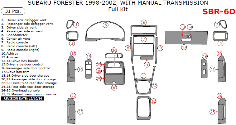 Subaru Forester 1998, 1999, 2000, 2001, 2002, With Manual Transmission, Full Interior Kit, 31 Pcs. dash trim kits options