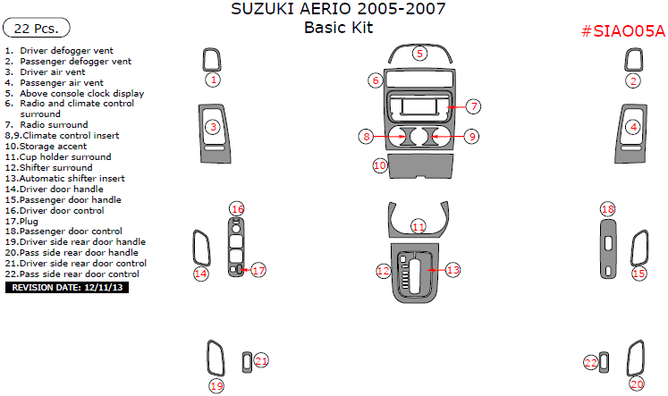 Suzuki Aerio 2005, 2006, 2007, Basic Interior Kit, 22 Pcs. dash trim kits options