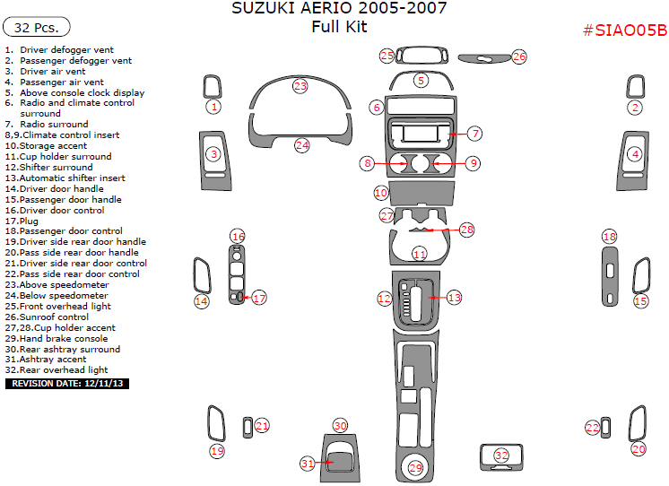 Suzuki Aerio 2005, 2006, 2007, Full Interior Kit, 32 Pcs. dash trim kits options
