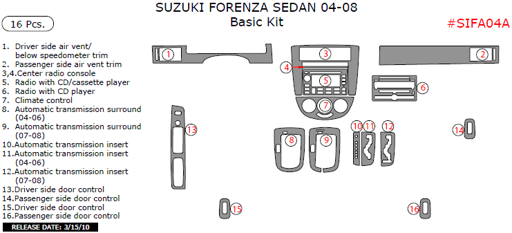 Suzuki Forenza 2004, 2005, 2006, 2007, 2008, Basic Interior Kit (Sedan Only), 16 Pcs. dash trim kits options