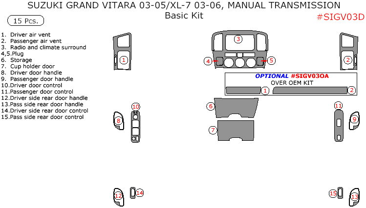 Suzuki Grand Vitara 2003, 2004, 2005, Suzuki XL-7 2003-2006, Suzuki Grand Vitara/XL-7, Manual Transmission, Basic Interior Kit, 15 Pcs. dash trim kits options