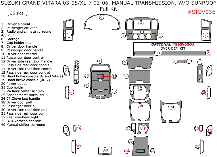 Suzuki Grand Vitara 2003, 2004, 2005, Suzuki XL-7 2003-2006, Suzuki Grand Vitara/XL-7, Manual Transmission, Without Sunroof, Full Interior Kit, 36 Pcs. dash trim kits options